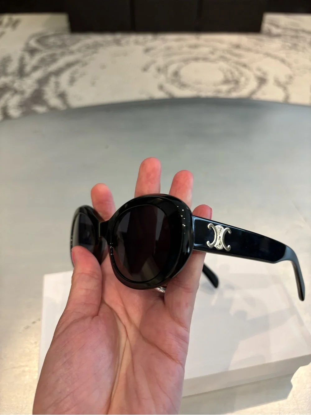 Celine Eyewear Triomphe 01 Oval Sunglasses Black With Gold Logo Unisex